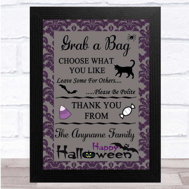 Grab A Bag Purple Damask Halloween Personalized Wall Art Print