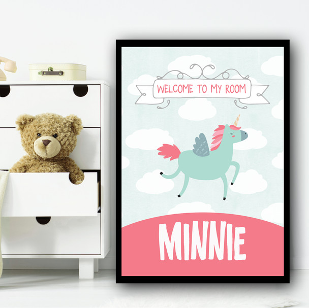 Light Blue Unicorn Clouds Welcome To My Room Personalized Wall Art Print