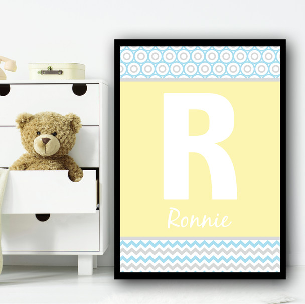 Light Yellow Zig Zag Circle Any Name Any Initial Personalized Wall Art Print