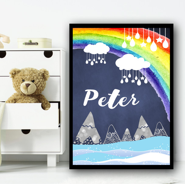 Mountain Clouds Hanging Ornaments Rainbow Any Name Personalized Wall Art Print