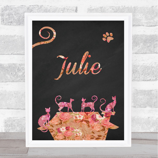 Pink Floral Chalk Multiple Cats Any Name Personalized Wall Art Print