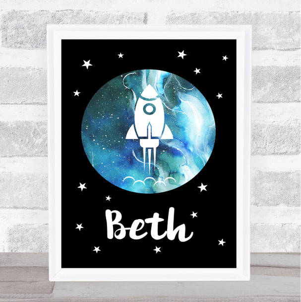 Space Rocket Galaxy Moon Black Any Name Personalized Wall Art Print