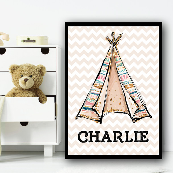 Tepee Tent Gold Sparkle Zig Zag Any Name Personalized Wall Art Print