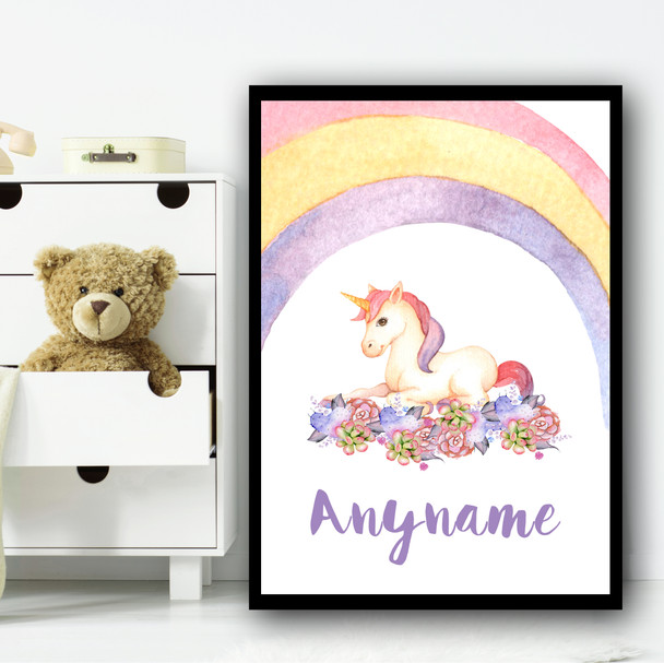 Watercolor Rainbow Purple Floral Unicorn Any Name Personalized Wall Art Print