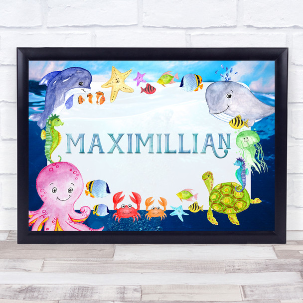 Watercolor Sea Creatures Landscape Any Name Personalized Wall Art Print