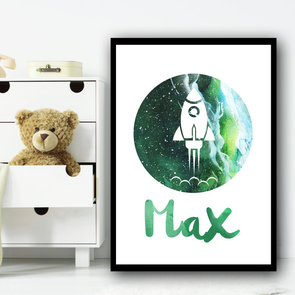 Watercolor Space Rocket Galaxy Moon Green Any Name Personalized Wall Art Print