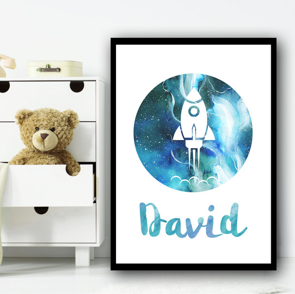 Watercolor Space Rocket Galaxy Moon White Any Name Personalized Wall Art Print