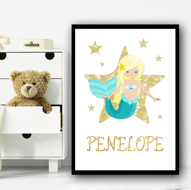 Cartoon Mermaid Yellow Hair Gold Star Any Name Personalized Wall Art Print