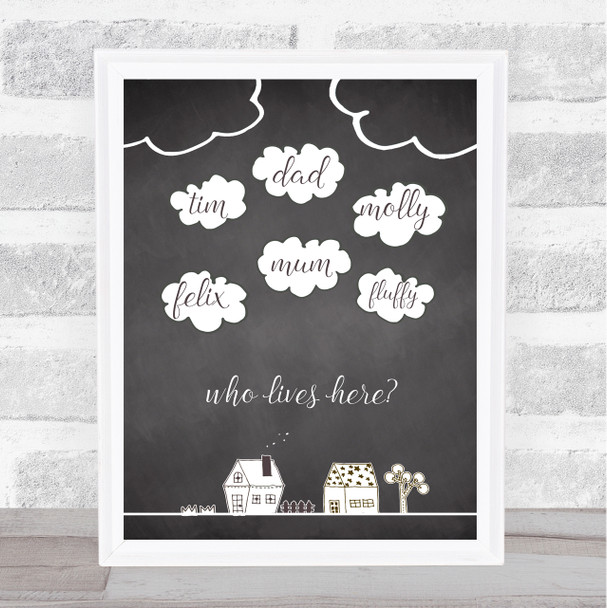 Chalk Clouds And Cartoon Houses Who Lives Here Personalized Wall Art Print