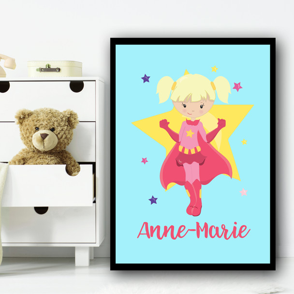 Girl Blonde Hair Pig Tails Light Blue Personalized Wall Art Print