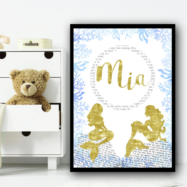 Gold Sparkle Mermaid Typography Blue Seaweed Personalized Wall Art Print
