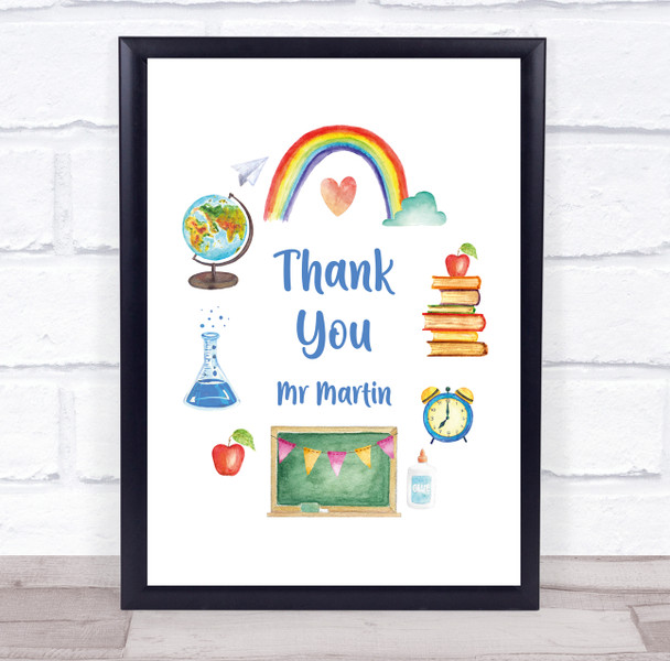 Thank You Teacher Illustration School Subjects Personalized Wall Art Print