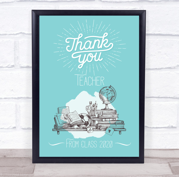 Thank You Teacher Blue Vintage Style Sketch Personalized Wall Art Print