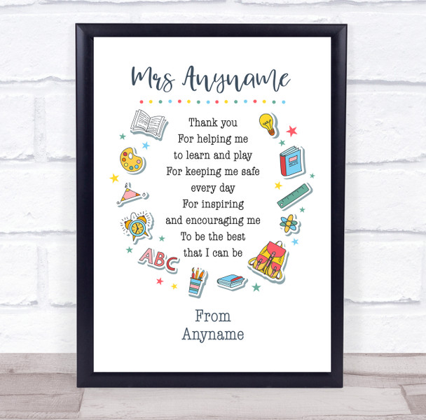 Teacher Illustrated School Thank You Poem Personalized Wall Art Print