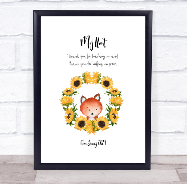 Thank You Teacher Fox Sunflower Wreath Personalized Wall Art Print