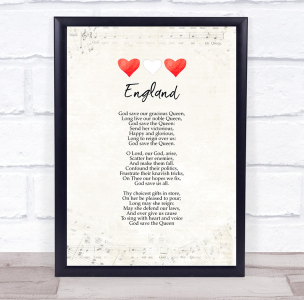 England Vintage Style Watercolour Hearts National Anthem & Music Wall Art Print