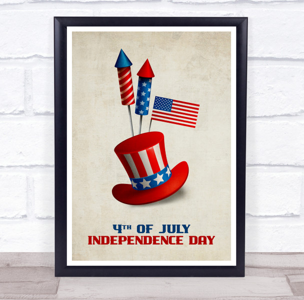 Hat And Fireworks USA 4Th Of July Independence Day Wall Art Print