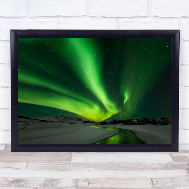 Aurora Borealis Lights Green River Water Reflection Winter Wall Art Print