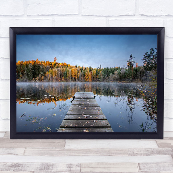 Autumn pier Fall Jetty Lake Winter Leaf Tree Reflection Wall Art Print