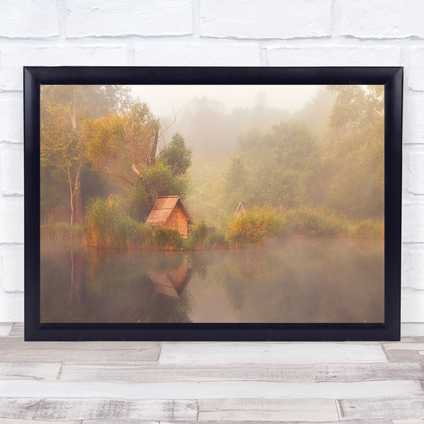 Dreamscape Lake Pond Water Reflection Atmosphere Hut Fog Foggy Wall Art Print