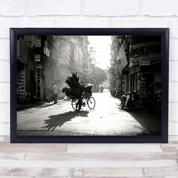 Early Morning Bike Bicycle Street Shadow Urban Flowers Market Sales Art Print