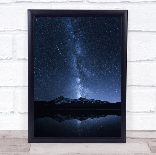 Galaxies Reflection Dark Lake Meteors Sky Mountain Night Astronomy Art Print