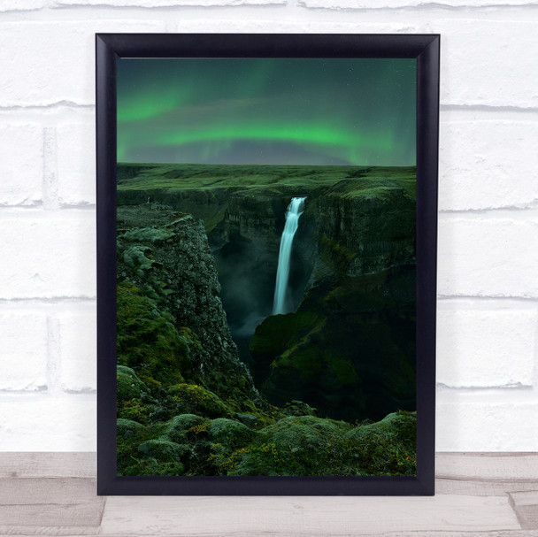 Green Night Waterfall Water Aurora Borealis Wall Art Print