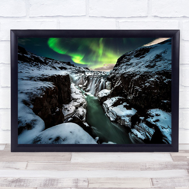 Gullfoss Iceland Mountains Aurora Rocks Ice Volcanic Borealis Northern Art Print