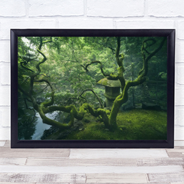 Japanese Tree Garden Zen Green Lantern Stone Wall Art Print