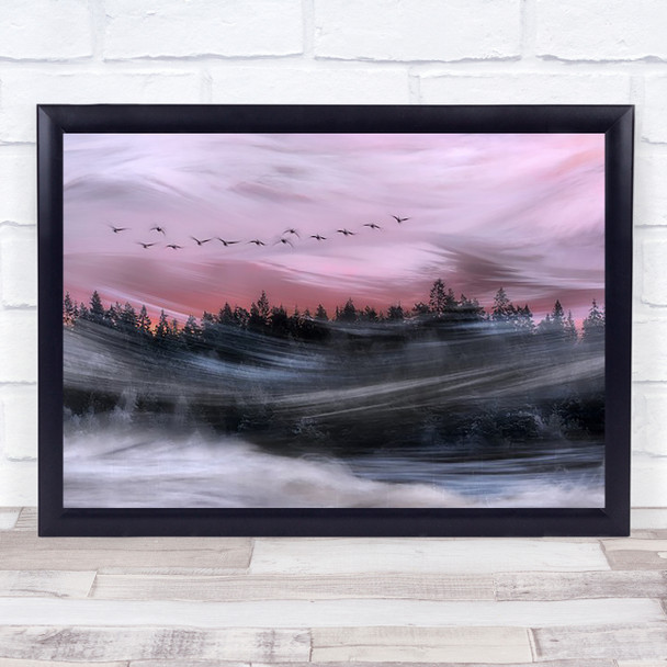 Leaving At Dawn Pink Wind Windy Trees Water Forest Geese Wall Art Print
