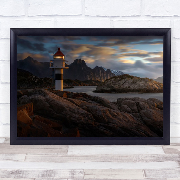 Lighthouse Norway Beach Rocks Clouds Maritime Brown Tower Wall Art Print