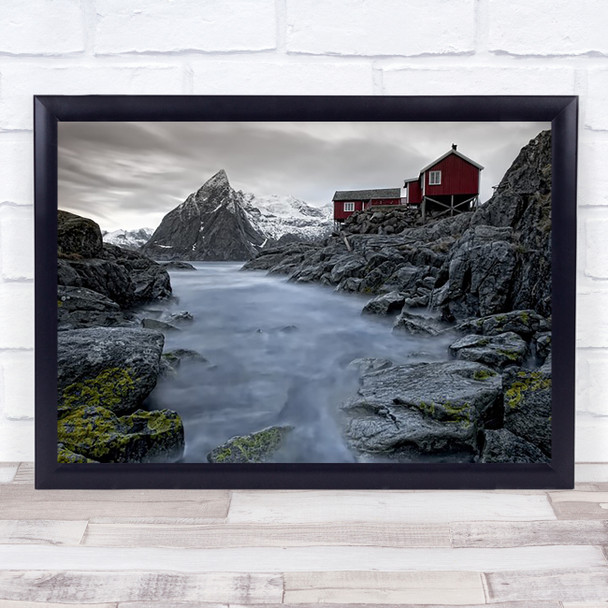 Living Norway Mountains Cabin Cabins Houses Buildings Stream Rock Wall Art Print