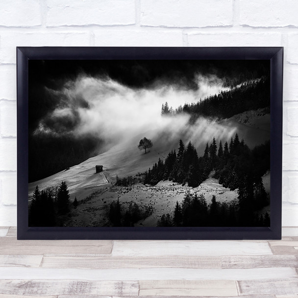 Morning Fog Monochrome Mountain Grossarl Austria Mist Haze Slope Wall Art Print