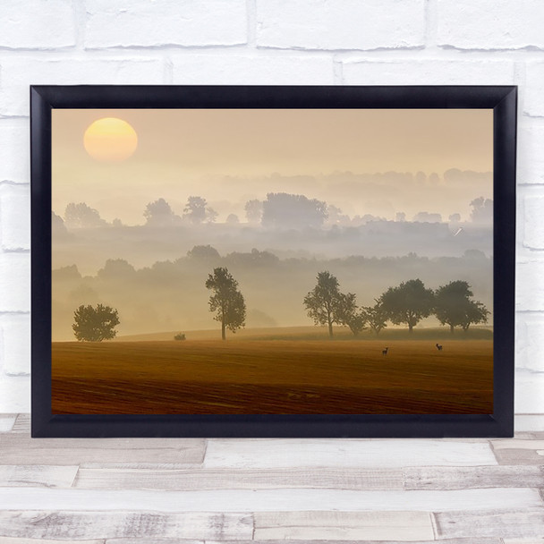 Morning View Sun Field Mist Fog Poland Soft Trees Deer Wall Art Print