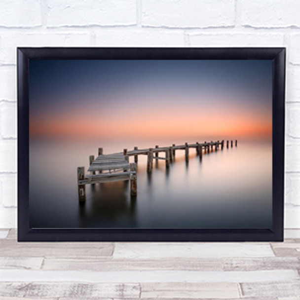 Old Pier Jetty Bridge Walkway Poles Planks Wooden Sunset Milky Wall Art Print