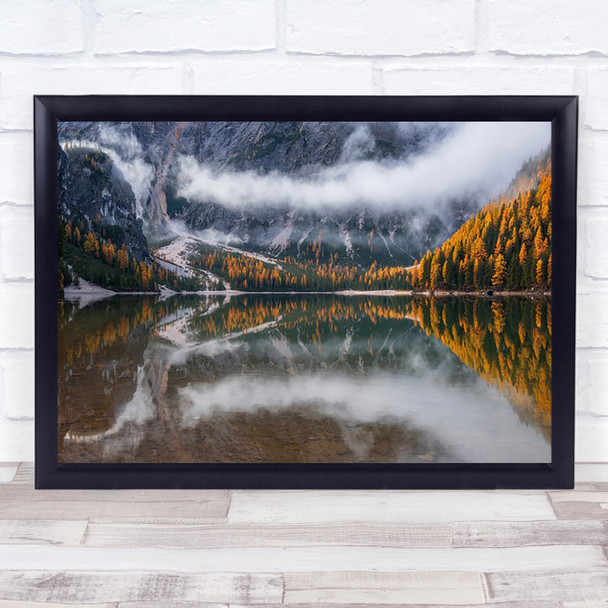 Perfect Reflection Alpine Alps Autumn Braies Calm Dolomite Fog Forest Art Print