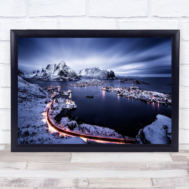 Reine Blue Hour Lofoten Norway Night Seascape Road Way Mountain Wall Art Print