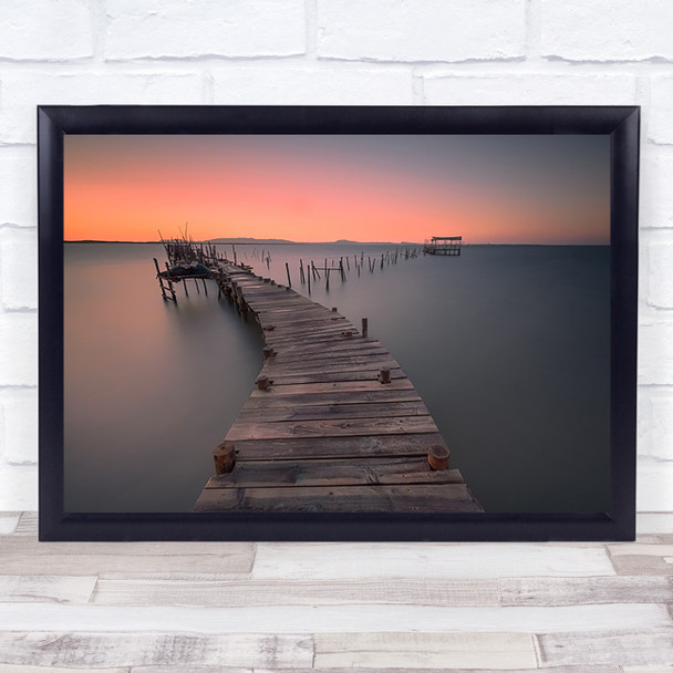 River Sunset Pier Abandoned Water Travel Pole Stick Perspective Art Print
