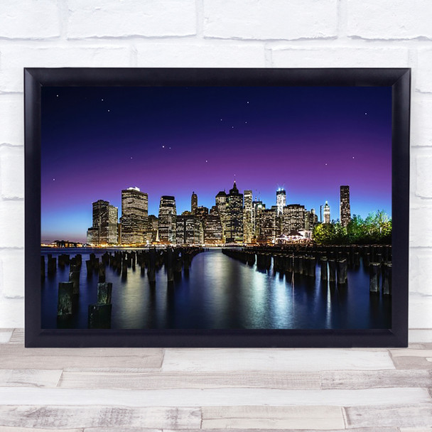 Sky Line America Night Skyline Poles Water Purple Blue Cityscape Art Print