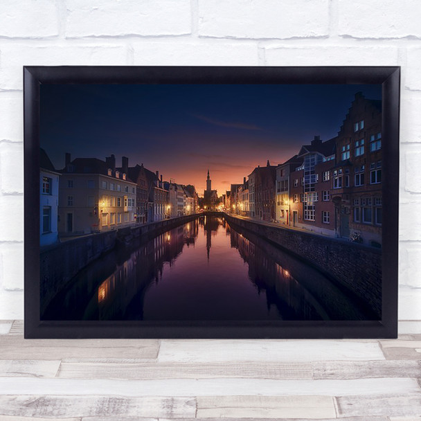 Sunset In Brugge Belgium Night Canal River Facade Facades Narrow Wall Art Print