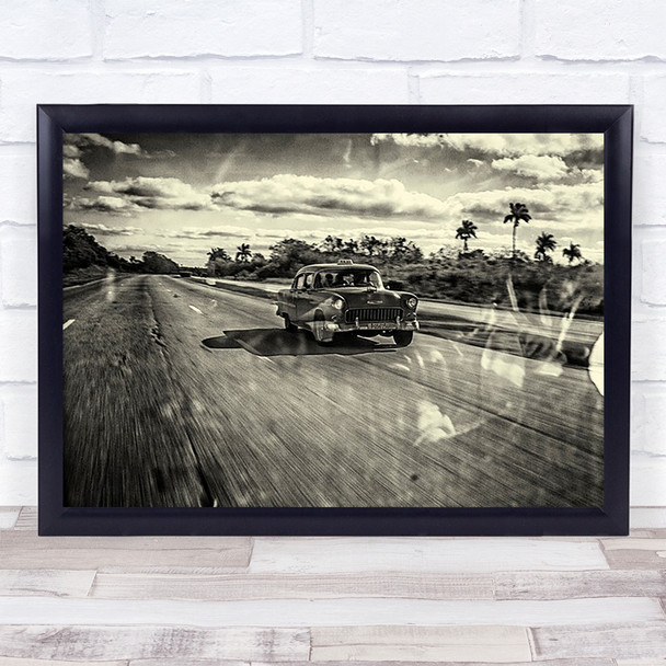 Taxi Havana Car Cab Vehicle Transportation Road Way Palm Tree Wall Art Print