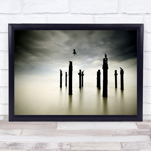 The Sentinels Bird Crow Post Poles Birds Graphic Silhouette Ocean Wall Art Print
