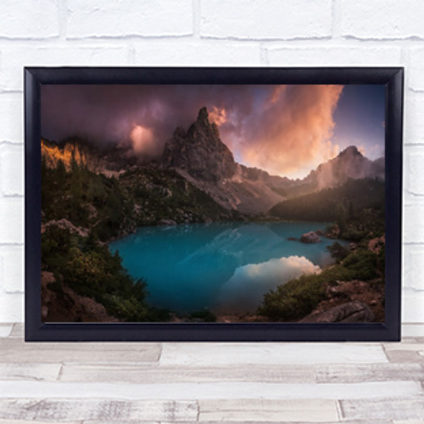 Turquoise Refection Lake Mountains Sunset Alps Reflection Light Wall Art Print