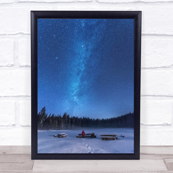 Under The Starry Night Snow Winter Sky Forest Road Blue Star Wall Art Print