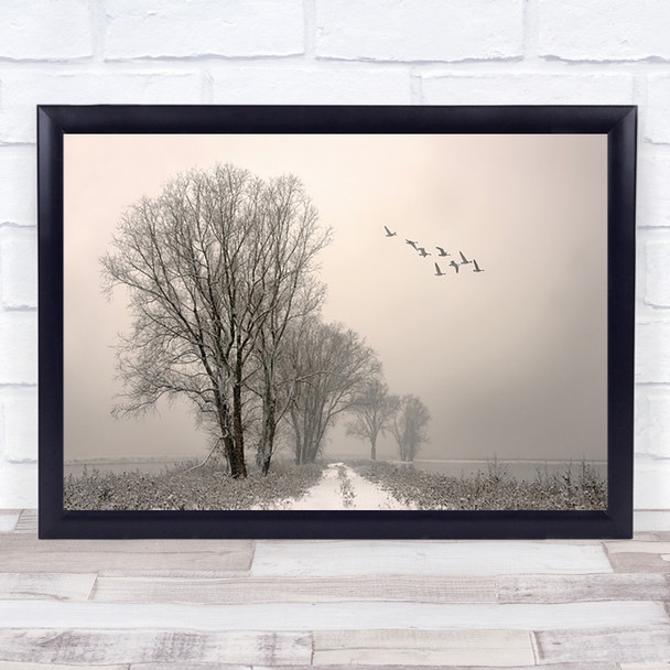 Winter light Road Winter Birds Monocolour Snow Frost Trees Overcast Art Print