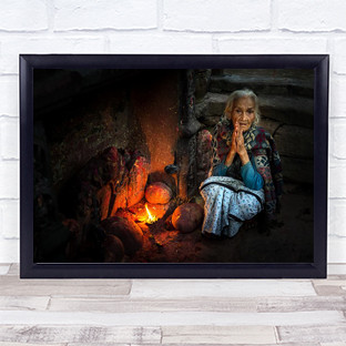 Gratitude Nepal Street Temple Fire Prayer Love Devotion Evening Wall Art Print