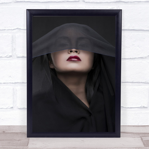 Her Red Lips Nose Nostrils Eyes Eyebrows Veil Black Wall Art Print
