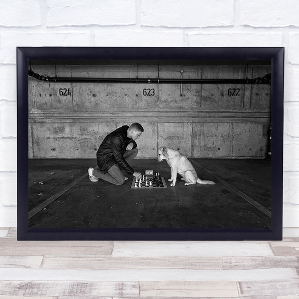 Playing Chess Performance Blacka White Man Dog Captive Animal Board Art Print