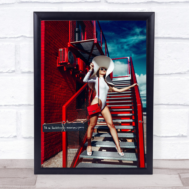 Red White Fashion Purse Stairs Outside Sunglasses Woman Hat Wall Art Print