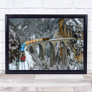 Train Cargo Switzerland Swiss Unesco Bridge Alps Wall Art Print